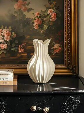 Elegant White Ribbed Ceramic Vase